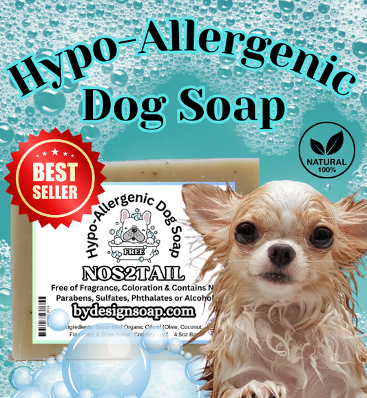 Hypo-allergenic dog soap with a dog and soap bubbles on a blue background and a red best seller label.