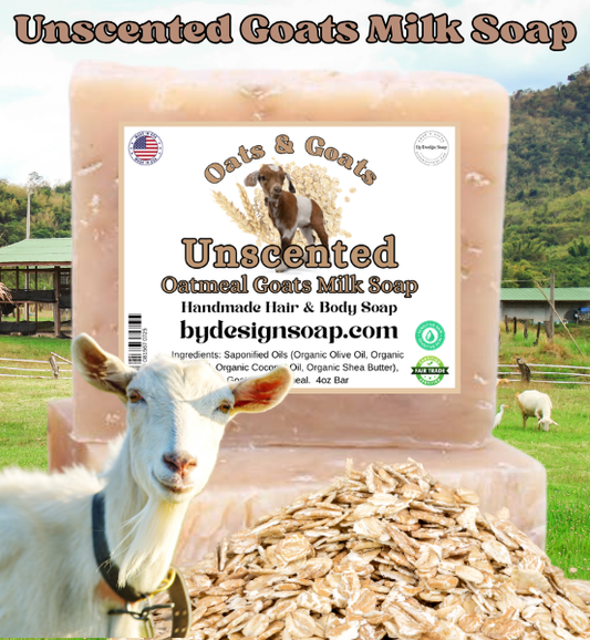 Advertisement for Unscented Oatmeal Goats Milk Soap with an image of a goat in the front and the background of a goat farm. Made in the USA label.