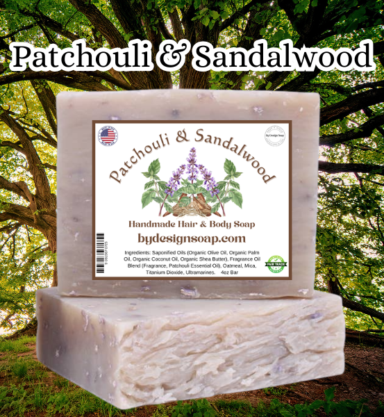 Advertisement for 'PATCHOULI AND SANDALWOOD handmade soap bar with a background of a huge, branchy  tree and the MADE IN THE USA LABEL