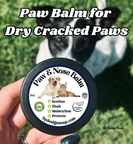 Paw and Nose Balm for dry cracked paws with a dog in the background.