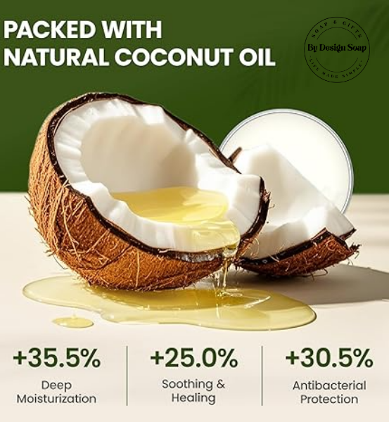 Coconut cut in half with natural coconut oil spilling out with details of the benefits of DEEP MOISTURIZATION, SOOTHING, HEALING and ANTIBACTERIAL PROTECTION.