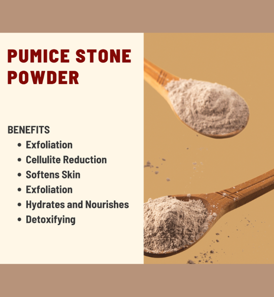 Pumice stone powder in two wooden spoons with the benefits of Exfoliation, Cellulite Reduction, Softens Skin and Hydrates and Nourishes, listed on a beige background.