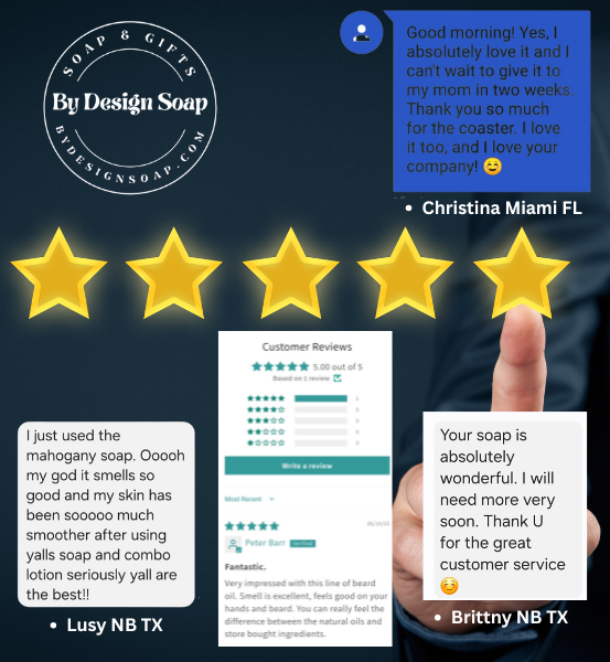 Five-star rating system with customer Posting Great reviews and a By Design Soap logo on a dark background