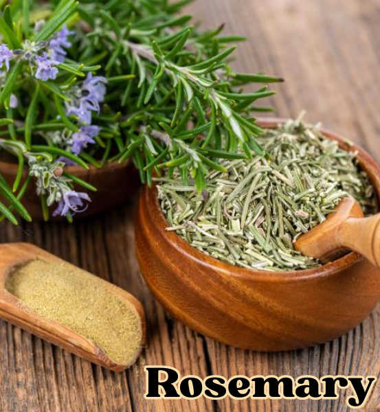 Image of Rosemary leaves and dried rosemary in a wooden bowl on a wooden surface with the text "Rosemary"