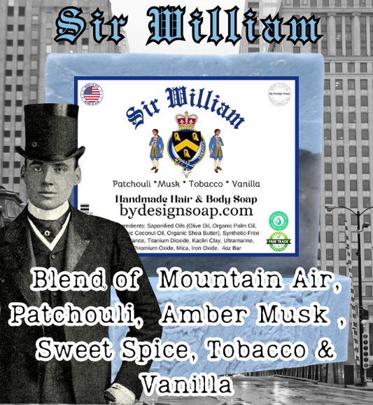Bar of Soap with 'Sir William' on the label and the ingredients Patchouli, Amber Musk, Sweet Spice, Tobacco and Vanilla, against a black and white cityscape background.