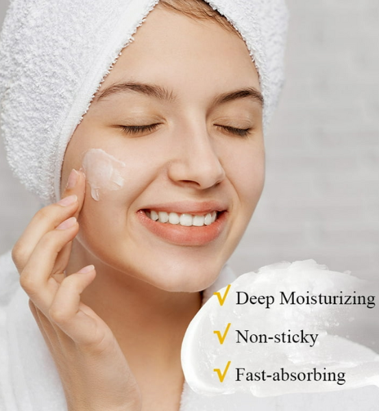 Image of a woman applying product on her face and the text Deep Moisturizing, Non Sticky, Fast absorbing.