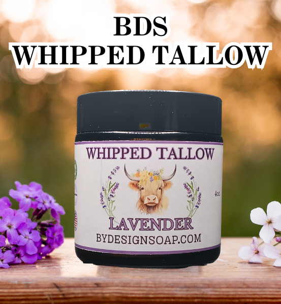 Image of a Black Jar on a wooden surface with the advertisement of 'Whipped Tallow Lavender and the text 'BDS WHIPPED TALLOW.