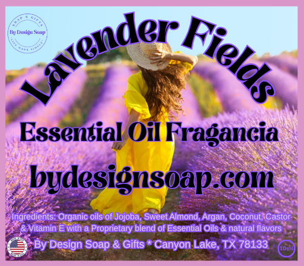 Advertisement for 'Lavender Fields' Essential Oil Fragrance made with Jojoba, Sweet Almond, Argan, Coconut and Castor Organic oils, with the image of a Woman in a yellow dress and hat standing in lavender fields.