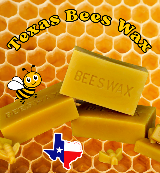 Bars of beeswax with a honeycomb background and a cute image of a bee and the state of Texas and the text saying Texas Bees Wax.