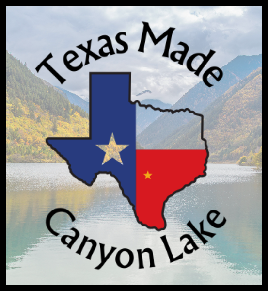 Texas state outline with blue and red colors and a star, set against a scenic background of Canyon Lake.