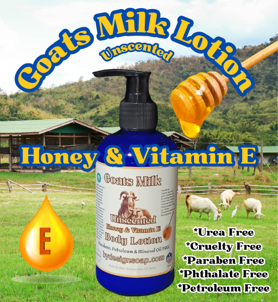 Advertisement for Unscented Goats Milk Lotion with honey and vitamin E on a background of a farm with goats.