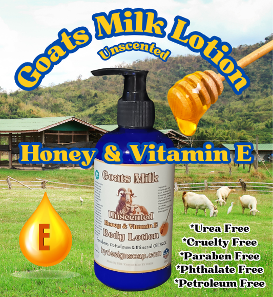 Advertisement for Unscented Goats Milk Lotion with honey and vitamin E on a background of a farm with goats.