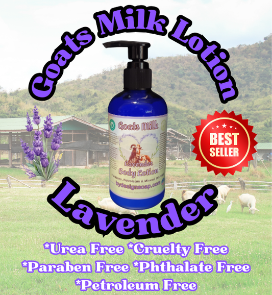 Goats Milk lavender body Lotion in a cobalt blue bottle with a farm pastoral setting in the background and red best seller label.