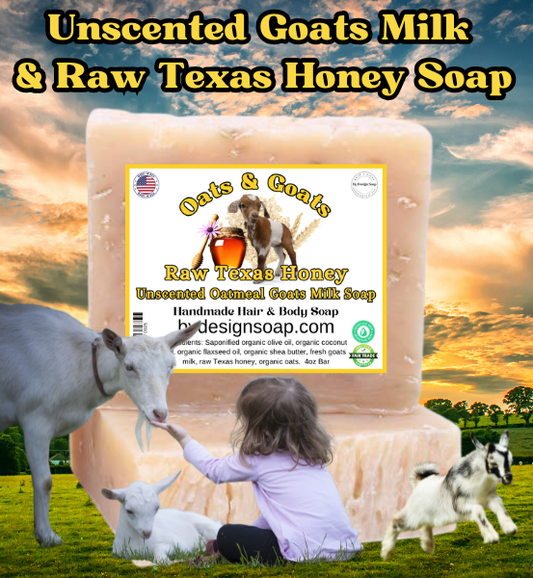 Advertisement for Unscented Goats Milk soap with Raw Texas Honey and  a scenic background with goats playing with a little girl. Made in the USA label.