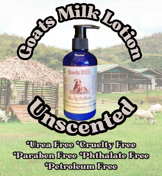 Bottle of Unscented Goats Milk Lotion with a pastoral scene background.
