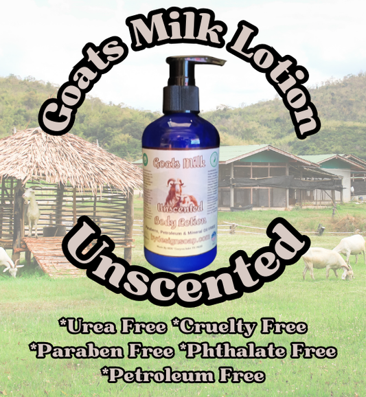 Bottle of Unscented Goats Milk Lotion with a pastoral scene background.