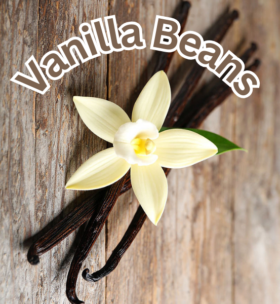 Vanilla beans and white flower on a wooden background with 'Vanilla Beans' text.