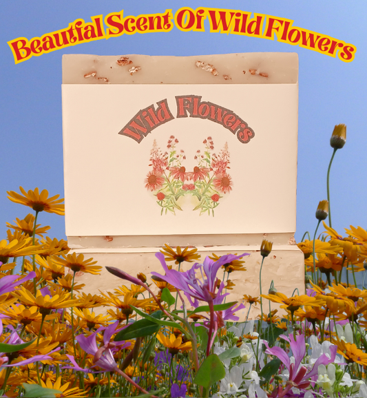 Advertisement for 'Wild Flowers' homemade natural soap with the image of Wild Flowers in the foreground and the text Beautiful Scent of Wild flowers.