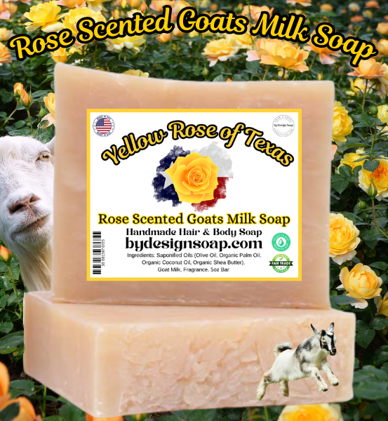 Bar of soap with a 'Yellow Rose of Texas' label against a background of yellow roses and a goat and the Made in the USA label.