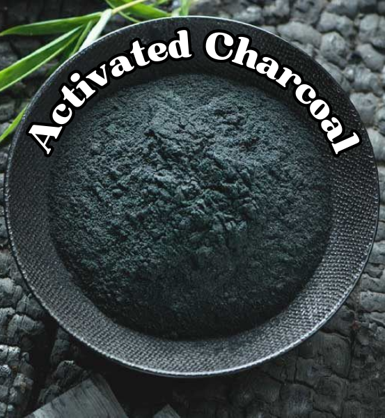 Image of Activated charcoal powder in a black bowl with the text 'Activated Charcoal' on a natural background.
