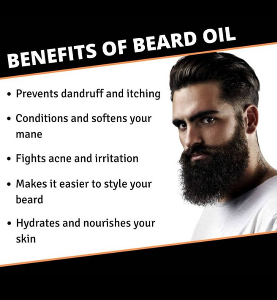 Ad for benefits of beard oil with the text Conditions and softens your beard, fights acne and irritation, hydrates and nourishes your skin.