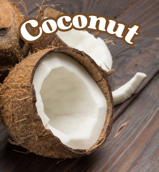 Image of a cut open Coconut on a wooden surface with the text 'Coconut'.