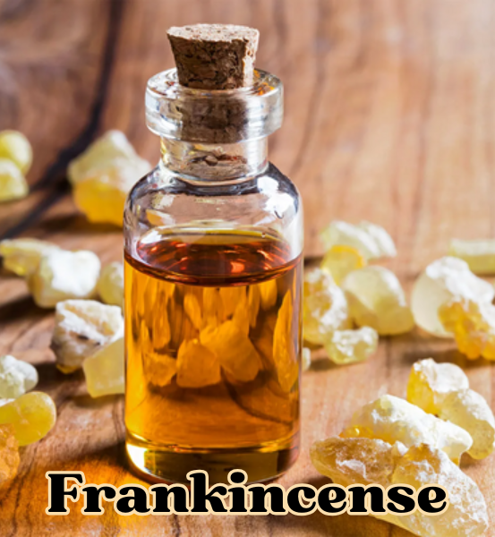 Image of a Bottle of frankincense oil with frankincense resin on a wooden background with the text "Frankincense"