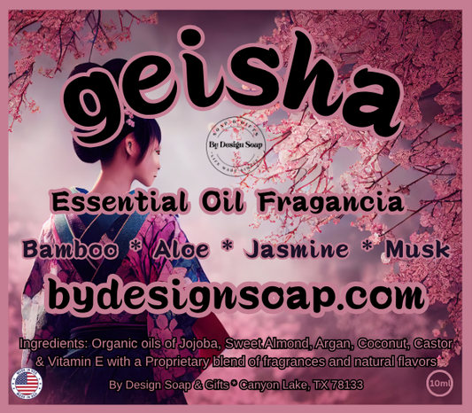 Advertisement for 'Geisha' Essential Oil Fragrance made with Bamboo, Aloe, Jasmine and Musk Organic Oils with the image of a Geisha and cherry blossoms in the background.