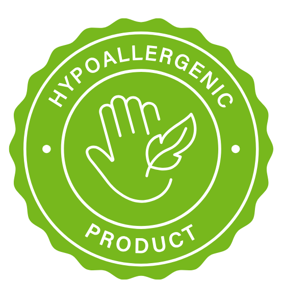 Image of a Hypoallergenic product logo with a hand and leaf symbol on a green background