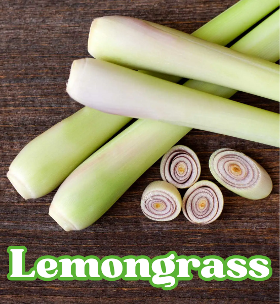 Image of Lemongrass stalks on a wooden surface with the text 'Lemongrass' 