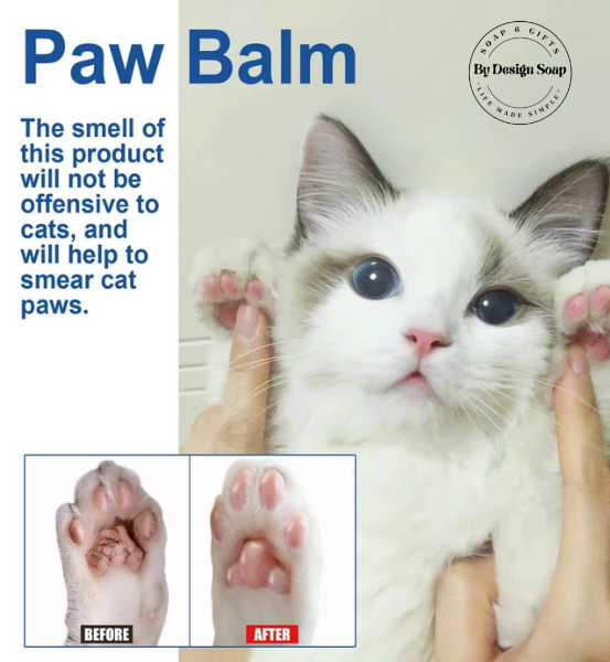 Advertisement for paw balm with a cat and before-and-after images of paws.