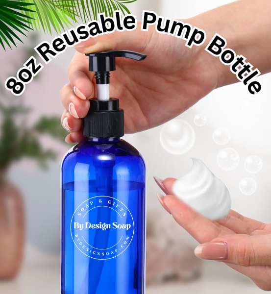 Image of Blue reusable pump bottle with 'By Design Soap' branded on bottle.