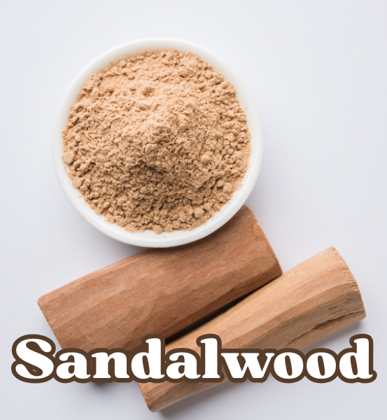 Sandalwood powder in a bowl with two sandalwood sticks on a white background with the text  'Sandalwood'.