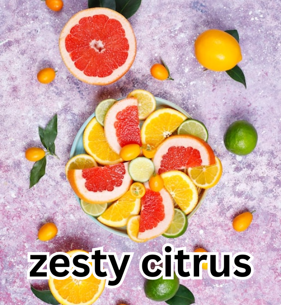 Assorted citrus fruits including oranges, lemons, and limes on a textured purple background with a text saying 'zesty citrus'.